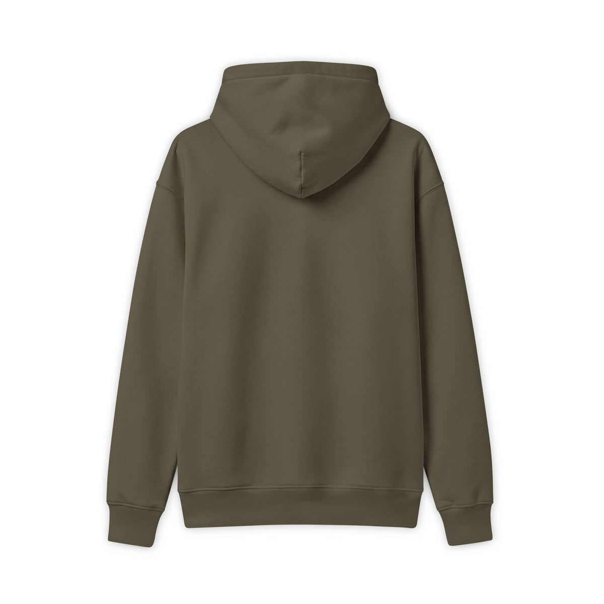 Back view of an olive hoodie showing the plain back, hood, ribbed cuffs and waistband.