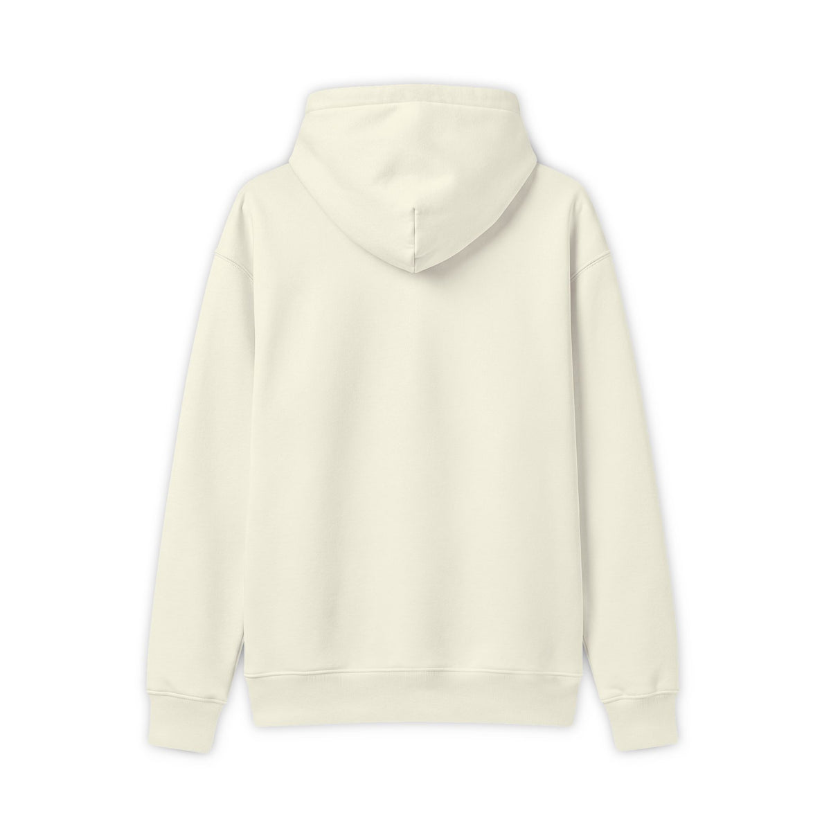 Back view of an off-white hoodie showing the plain back, hood, ribbed cuffs and waistband.