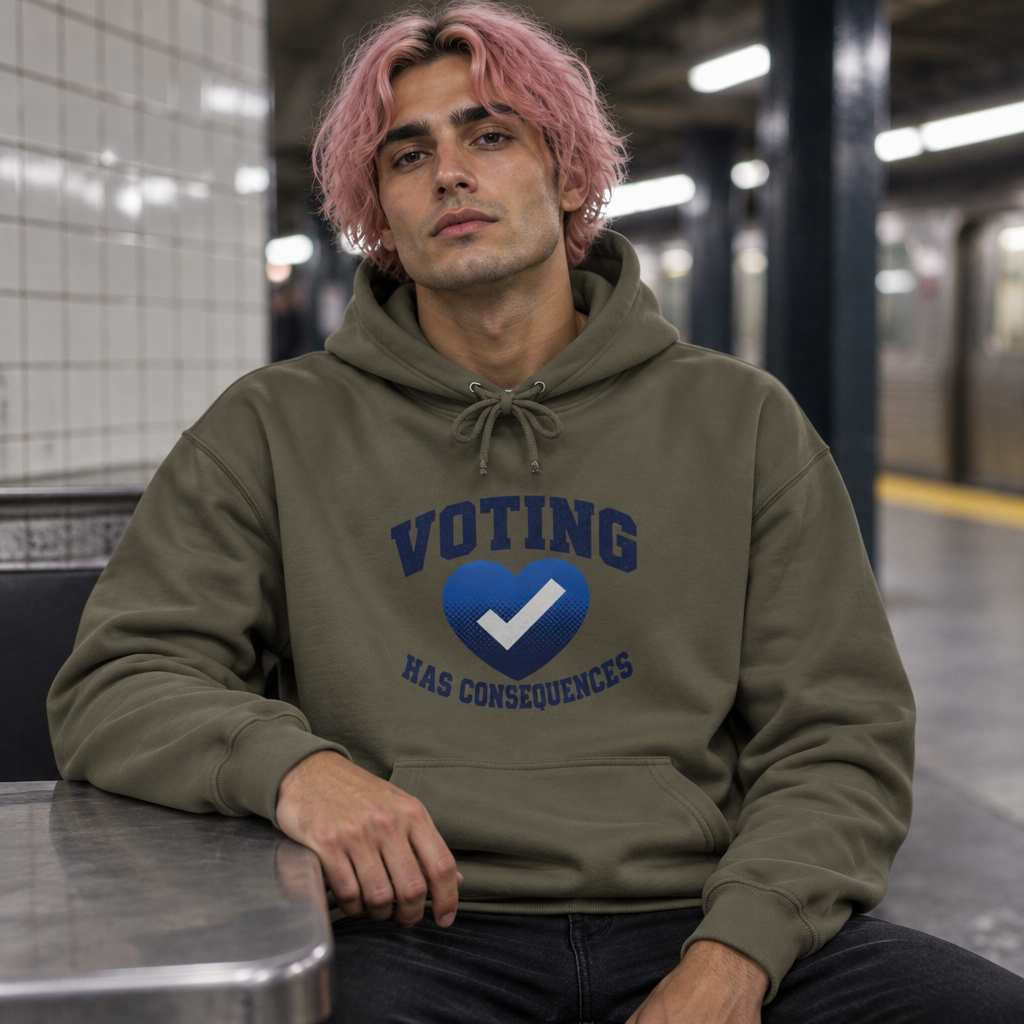 Seated model wearing an olive Voting Has Consequences hoodie in a station setting.
