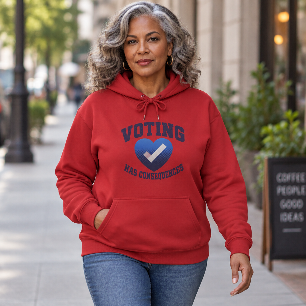 Model wearing a cherry red Voting Has Consequences hoodie outdoors, showing the blue heart and checkmark graphic.