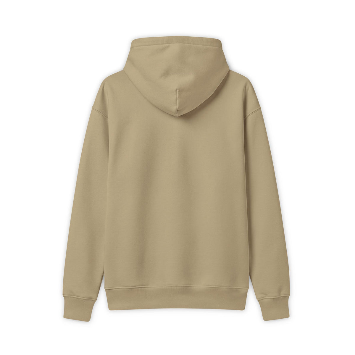 Back view of a tan hoodie showing the plain back, hood, ribbed cuffs and waistband.
