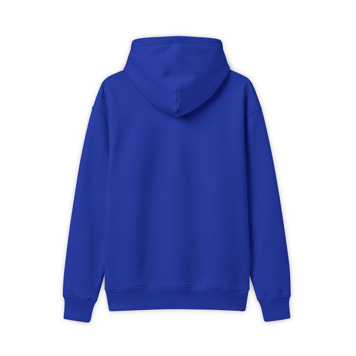 Back view of a deep royal blue hoodie showing the plain back, hood, ribbed cuffs and waistband.