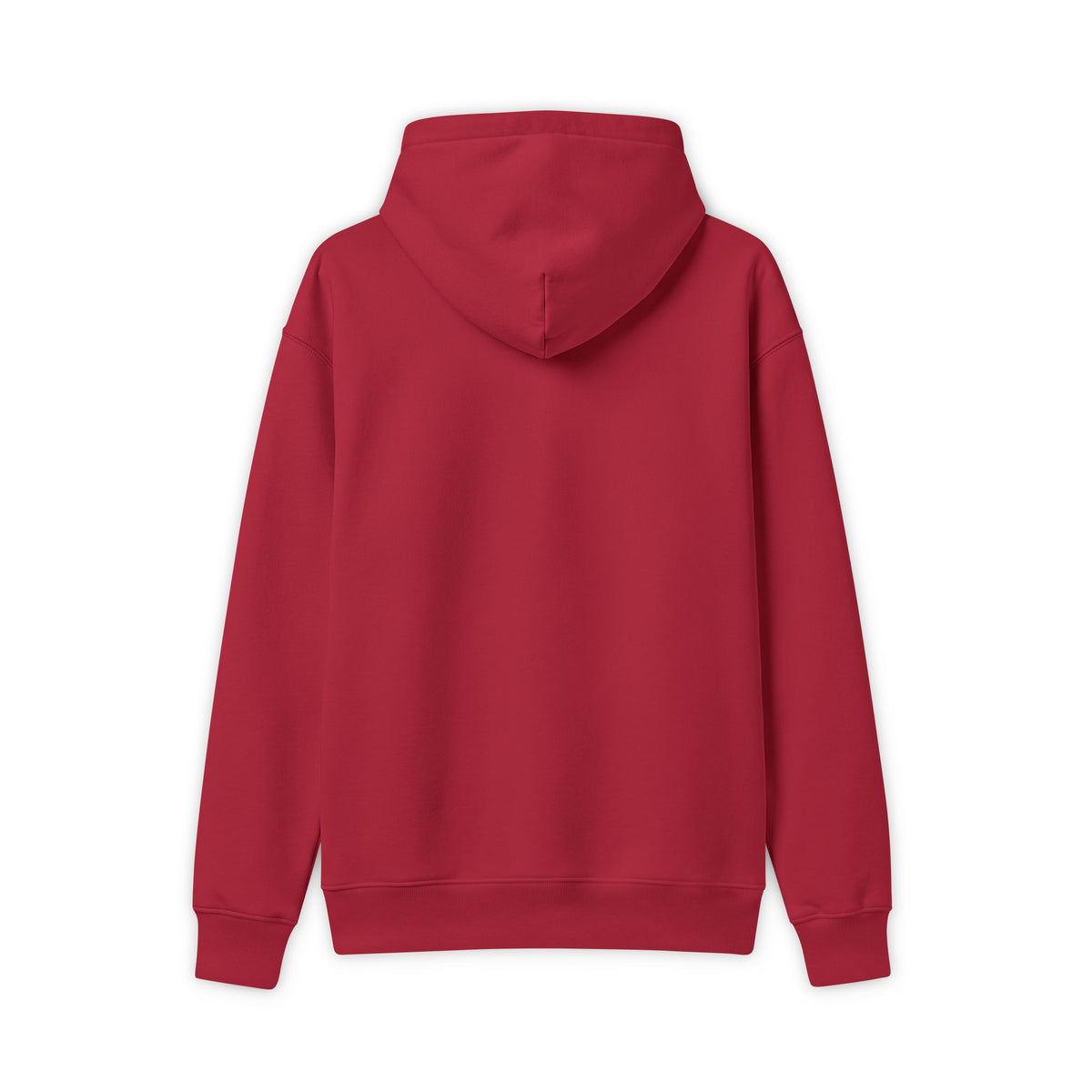  Back view of a cherry red hoodie showing the plain back, hood, ribbed cuffs and waistband.