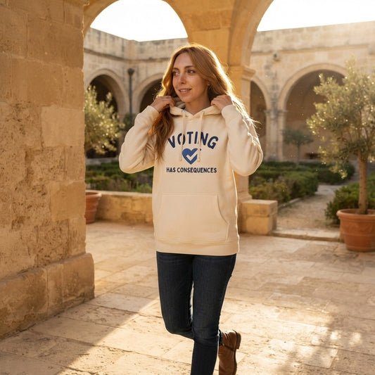 Voting Has Consequences hoodie, flat-lay front view.